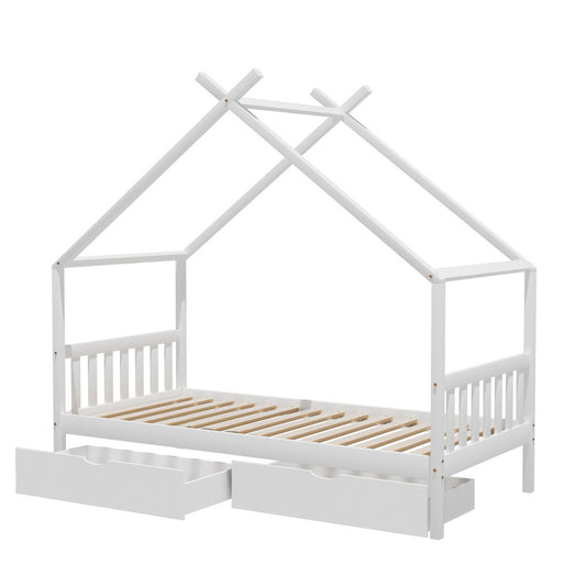 Bed Frame Wooden Base Kids Single Timber House  with 2 Storage Drawers Beds White By Artiss