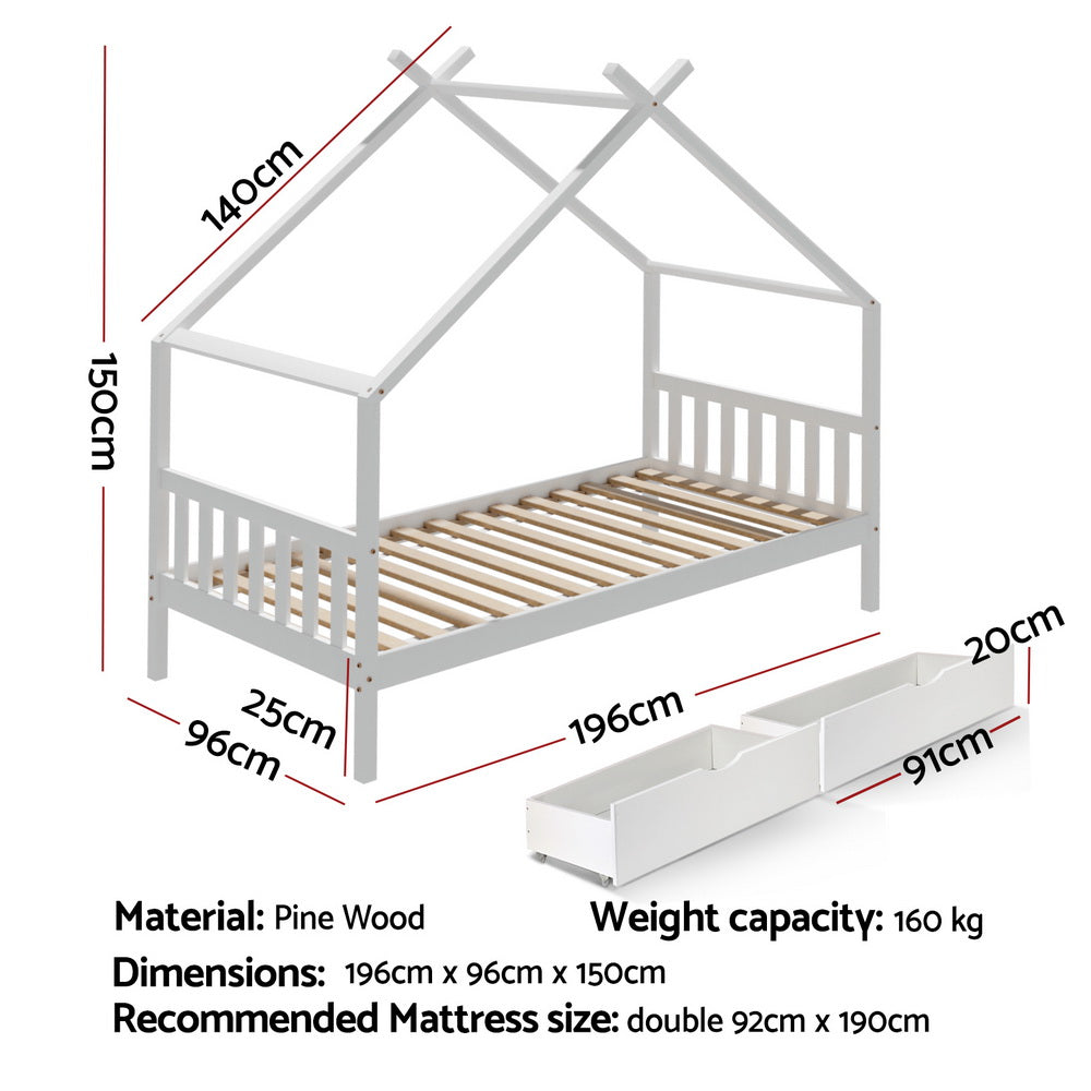 Bed Frame Wooden Base Kids Single Timber House  with 2 Storage Drawers Beds White By Artiss