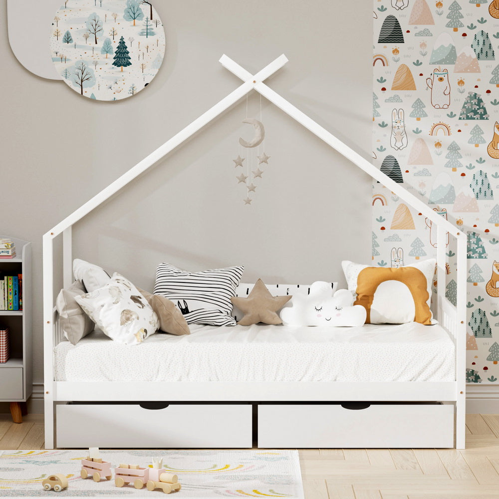 Bed Frame Wooden Base Kids Single Timber House  with 2 Storage Drawers Beds White By Artiss